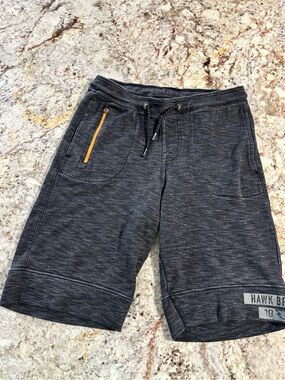 Tony Hawk Charcoal Gray Knit Drawstring Shorts with Yellow Zip Accent